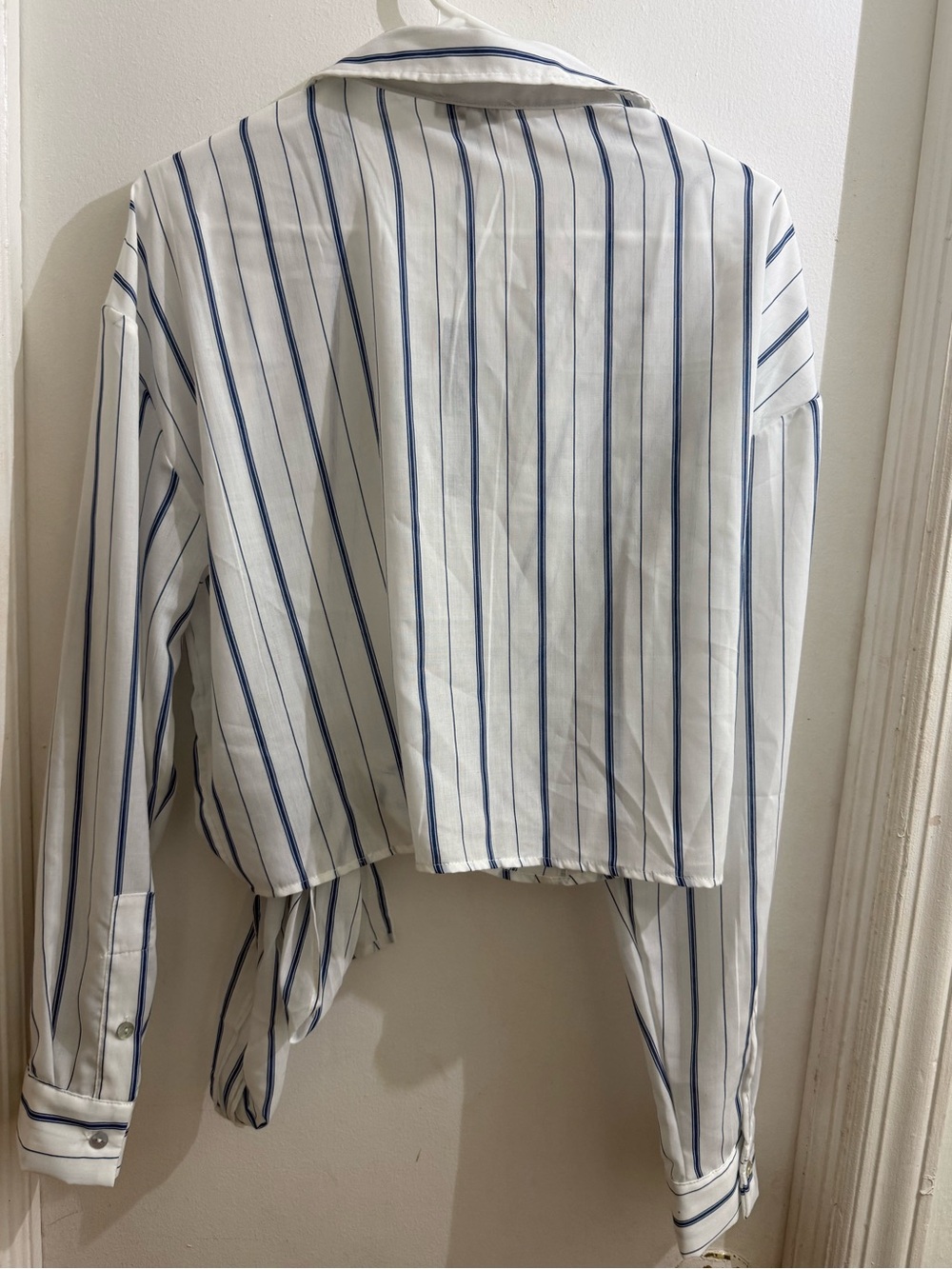 Fashion Nova Blue & White Striped Tie-Front Crop Shirt - Picture 6 of 6